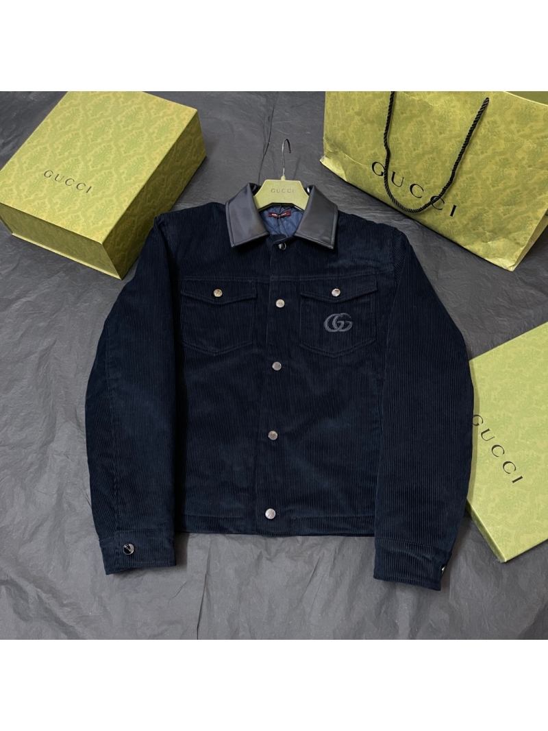 Gucci Embroidered Corduroy Trucker Jacket with Polished Leather Collar in Navy Blue