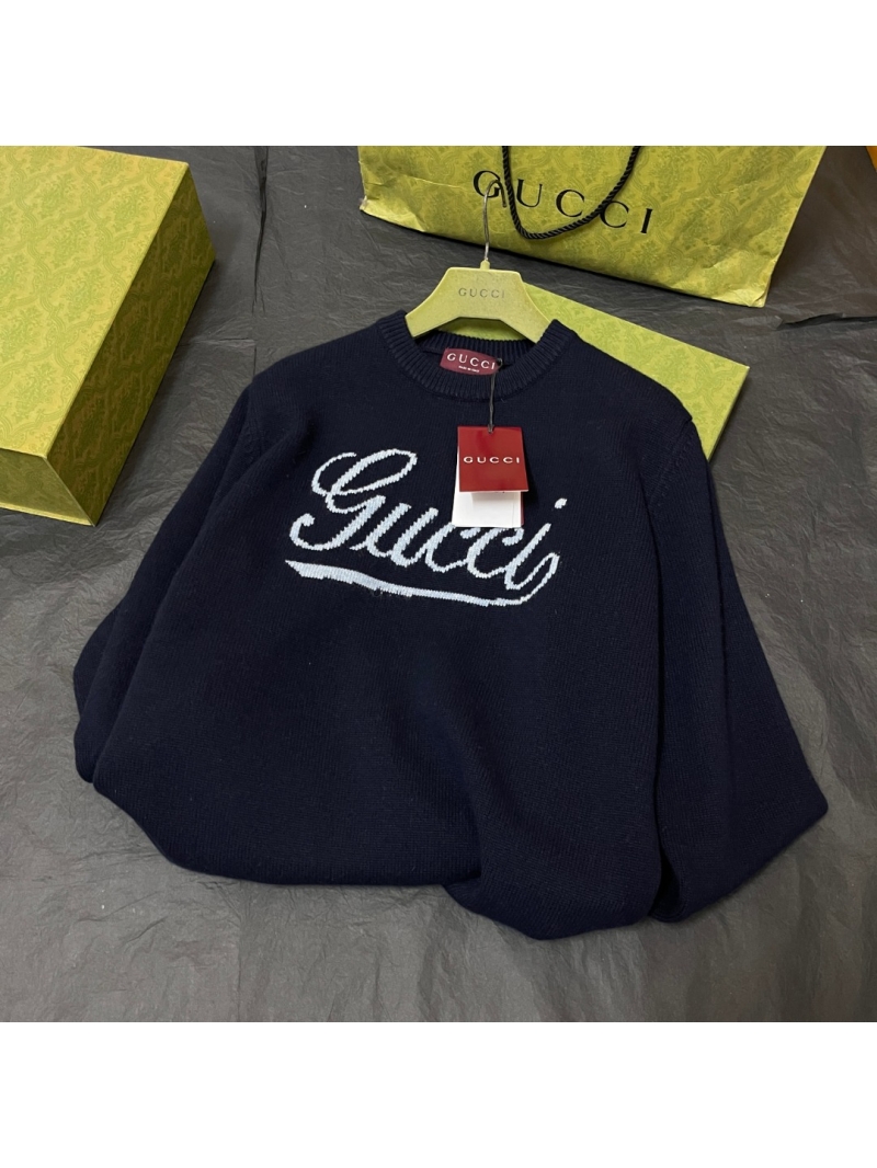 Gucci Signature Script Logo Navy Blue Wool Knit Pullover Sweater