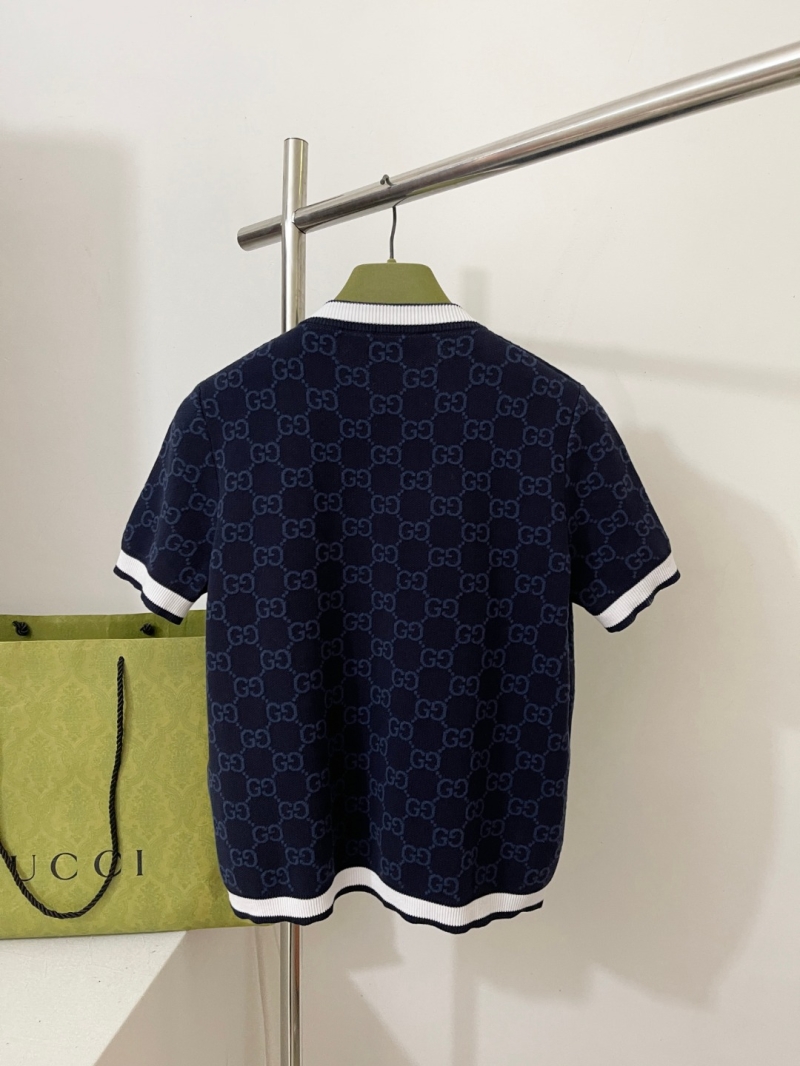 Gucci Signature GG Monogram Navy Blue Knit Short-Sleeve Top