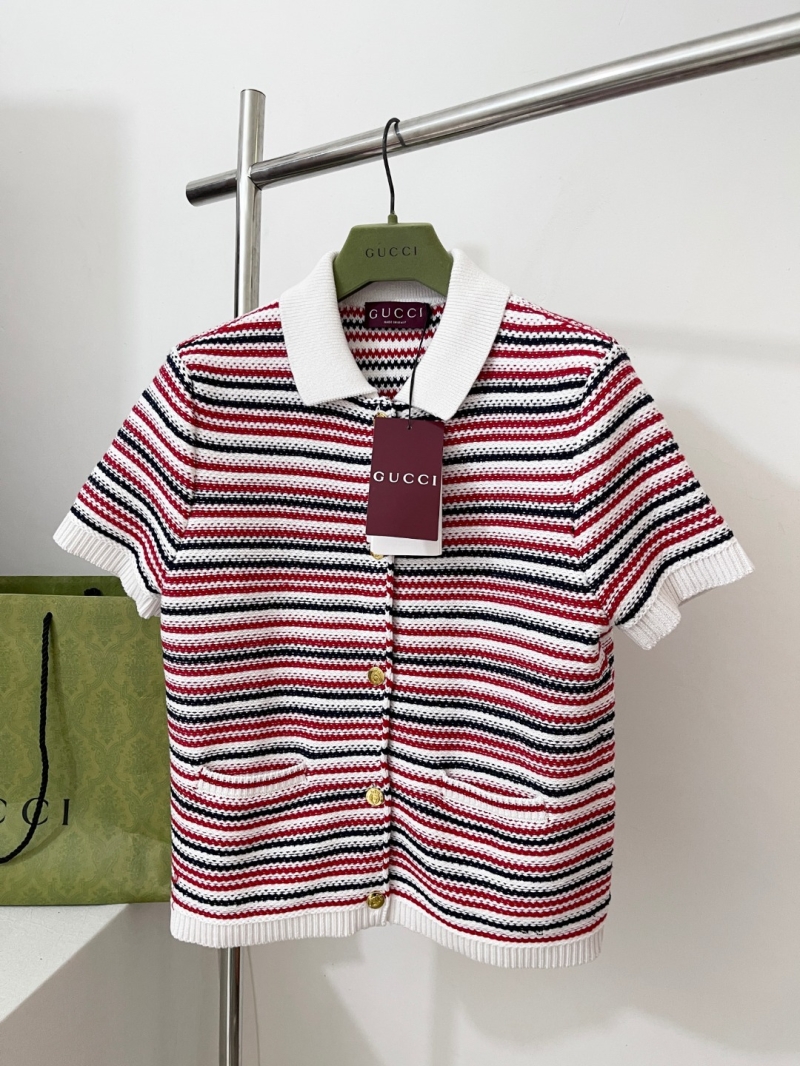 Gucci Striped Knit Short-Sleeved Cardigan in White, Red, and Blue