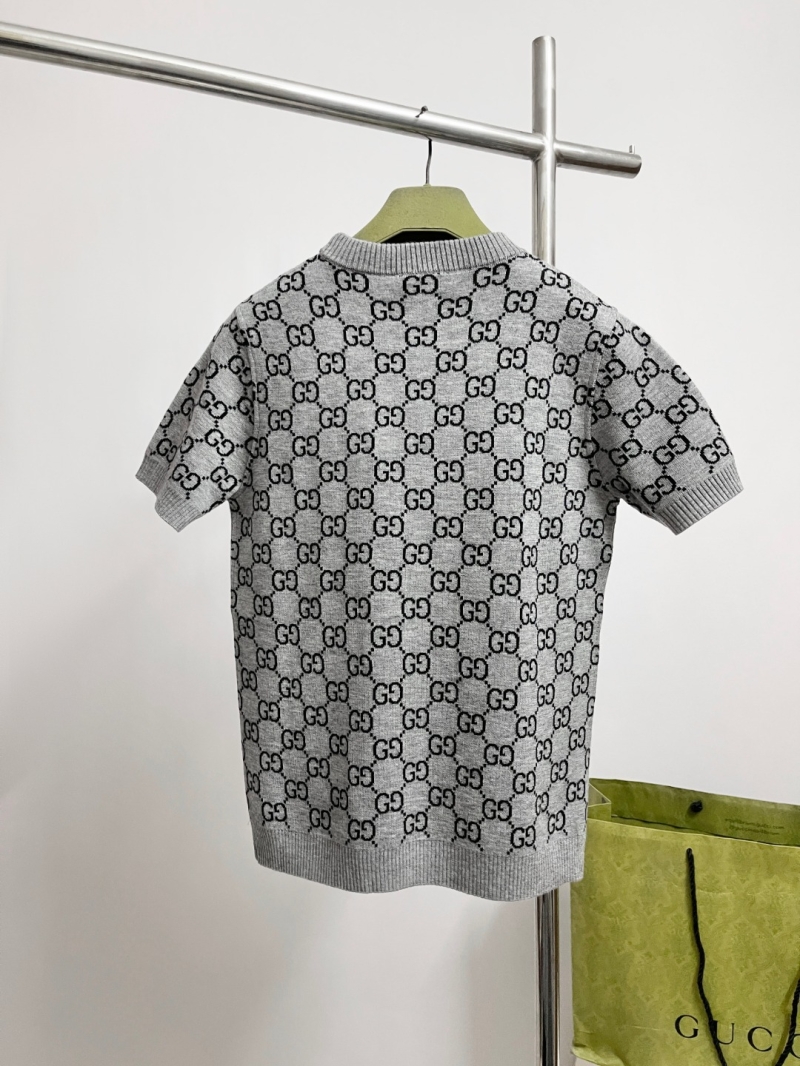 Gucci GG Monogram Wool Knit Short-Sleeved Top in Heather Grey