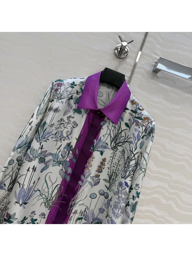 Gucci Monet"s Garden Floral Print 100% Silk Twill Long-Sleeve Shirt in Cream and Purple
