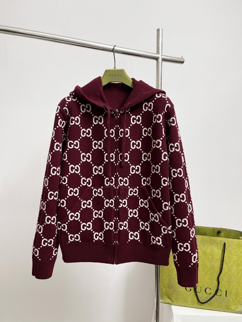 Gucci Signature GG Monogram Double-Sided Wool Zip-Up Hoodie in Burgundy