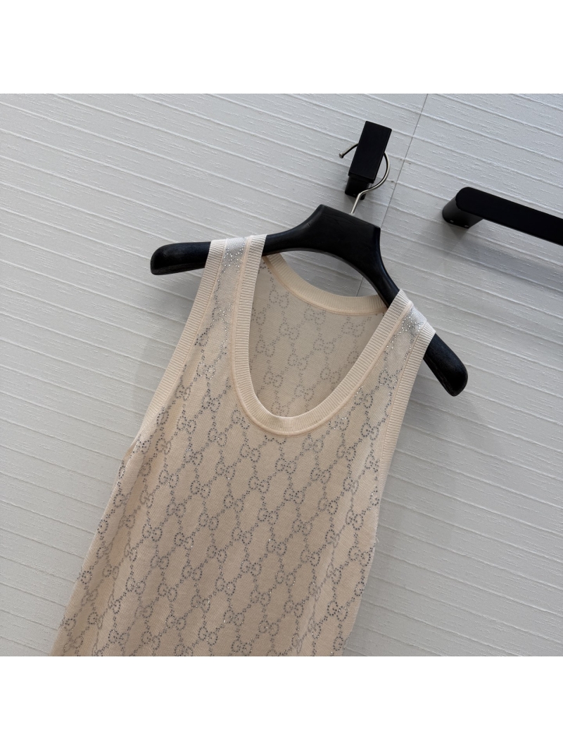 Gucci Sumptuous Crystal GG Monogram Fine-Gauge Knitted Vest in Cream