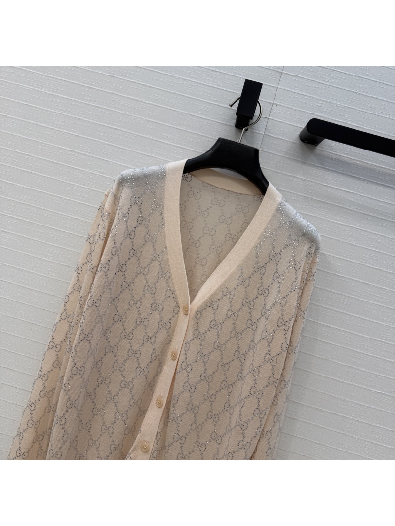 Gucci Sparkling GG Rhinestone Breathable Fine-Gauge Knit Cardigan in Apricot