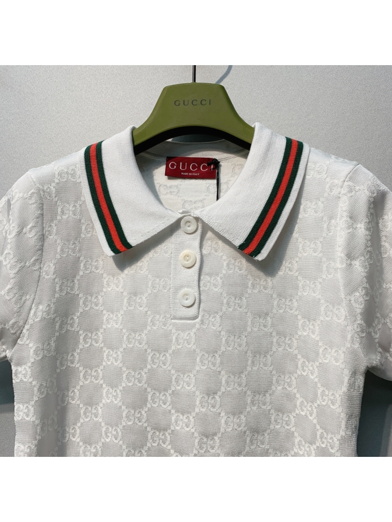 Gucci GG Monogram Knit Polo Shirt in White with Web Stripe Trim