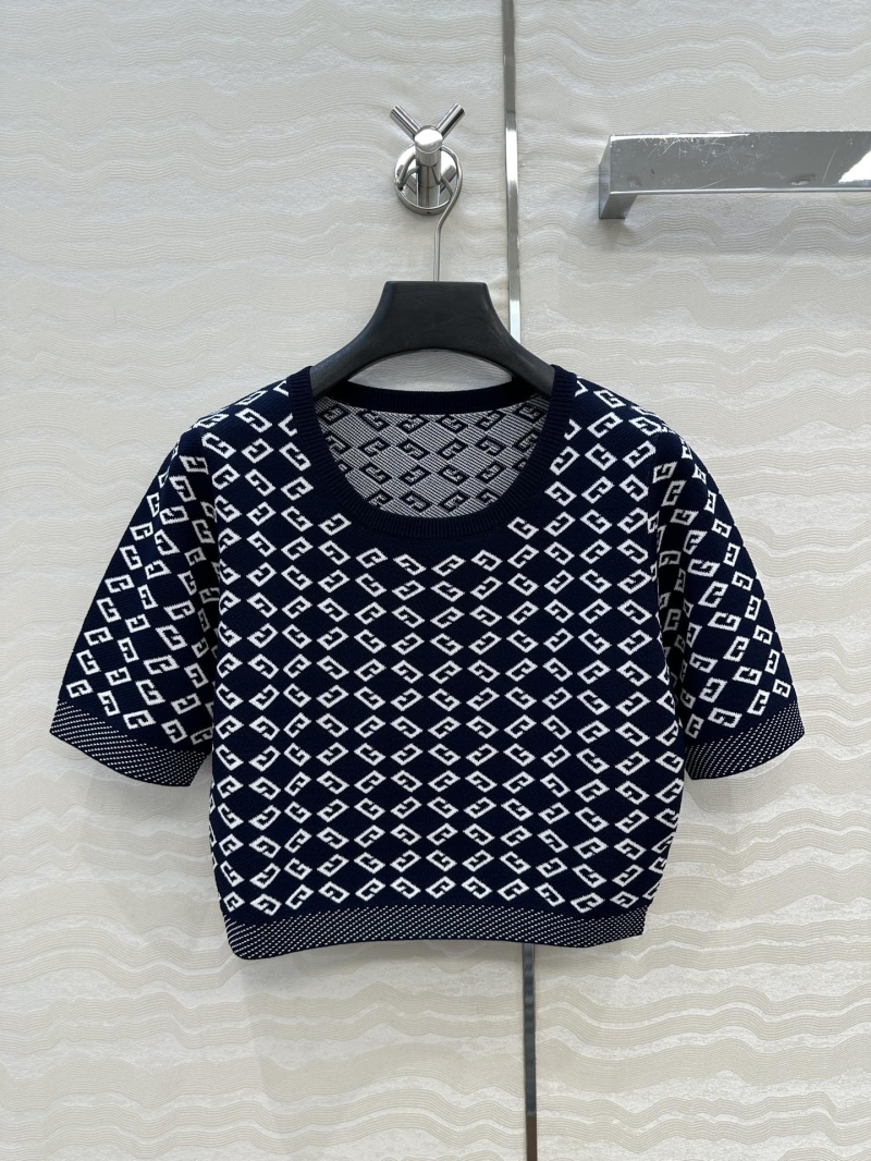 Givenchy GV Resort Collection Navy & White Jacquard Knit Short Sleeve Top