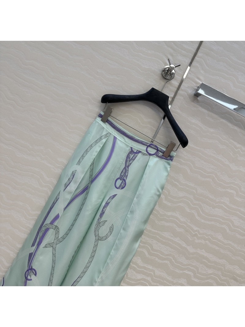 Hermes Palefroi Remix Print Silk Wide-Leg Trousers in Mint Green