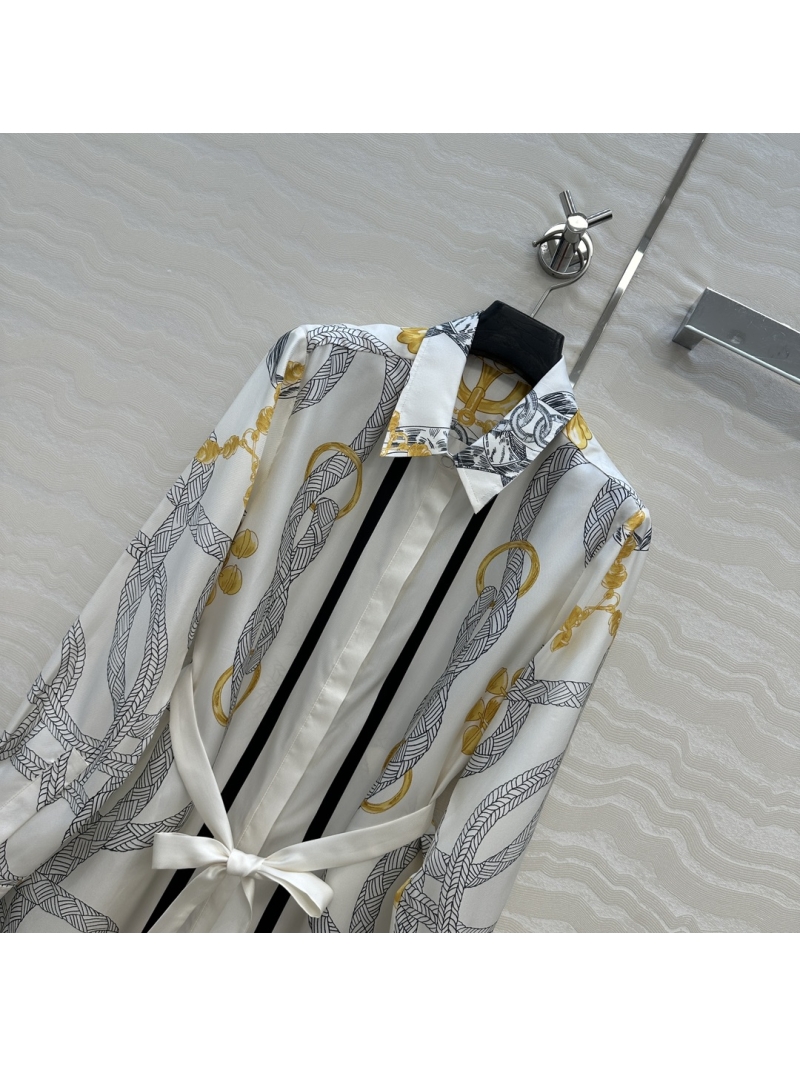 Hermes Palefroi Remix Print 100% Silk Twill Shirt Collar Dress