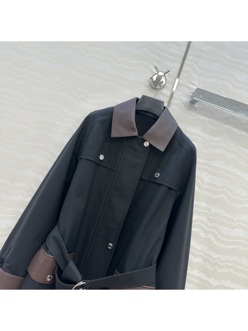 Hermès Exclusive Mid-Length Black Trench Coat with Leather Accents and Workwear Pockets
