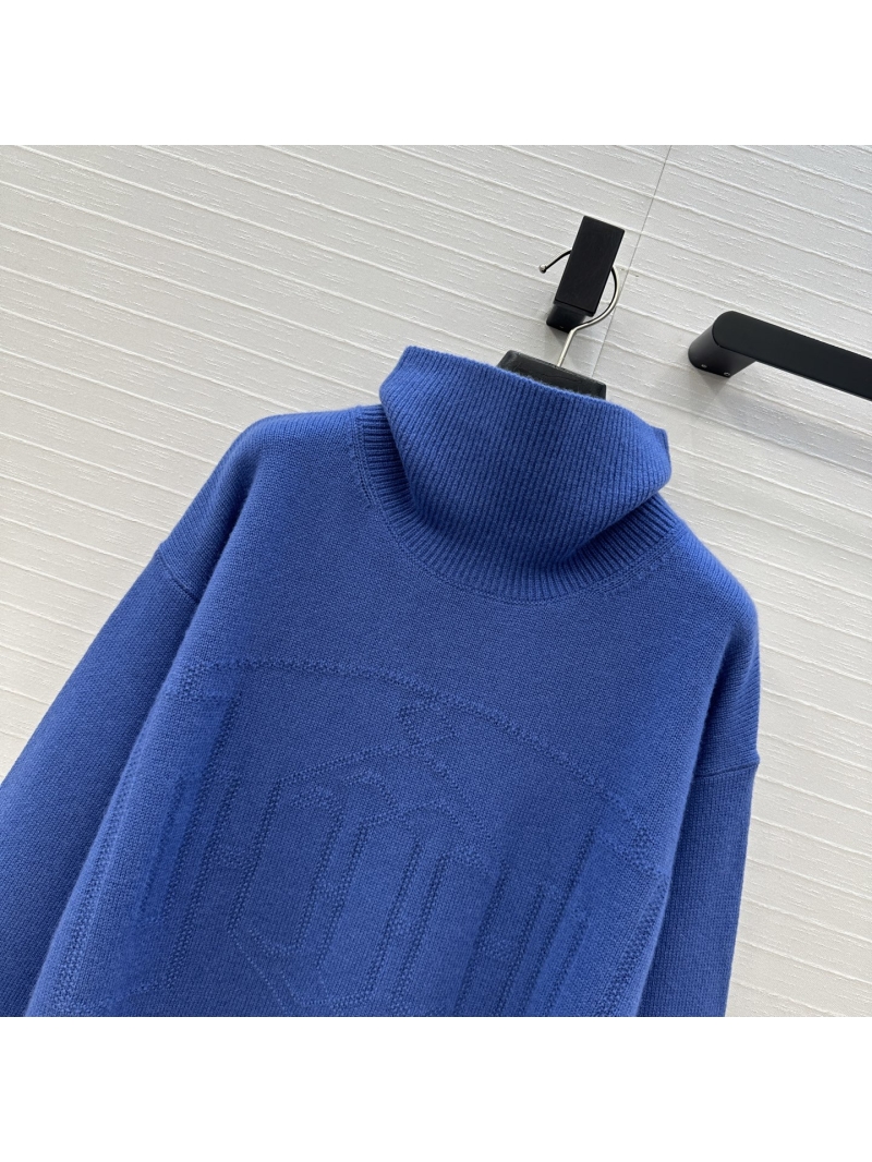 Hermes Autumn-Winter Cashmere High Neck Sweater in Blue - Minimalist Design with Luxe Logo Detail