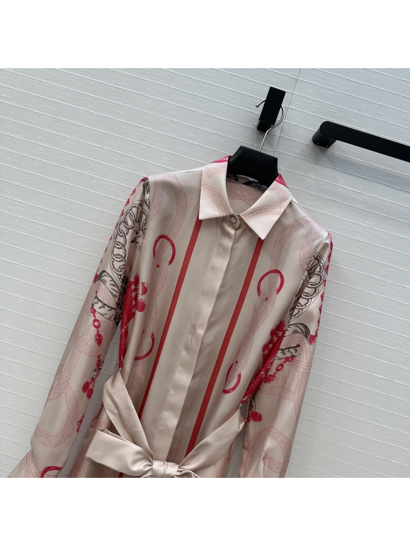Hermes Palefroi Remix Print 100% Twill Silk Shirt Collar Dress