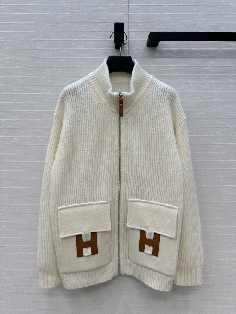 Hermes Exclusive Limited Edition Mid-Length Cashmere Knit Zip-Up Jacket with H-Buckle and Leather Accent Pockets