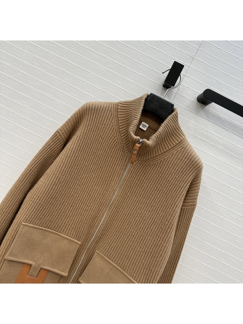 Hermès Exquisite Cashmere Knit Zip-Up Hooded Jacket in Golden Brown