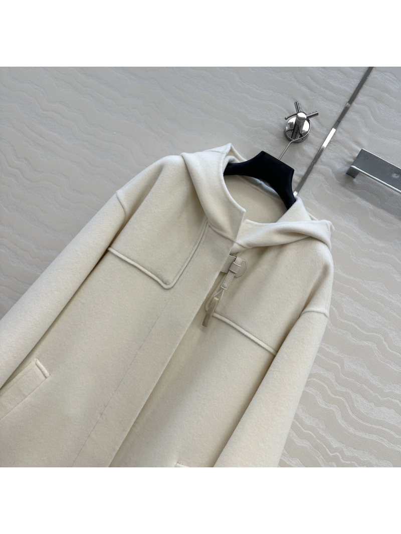 Hermès Limited Edition White Hooded Coat - Handcrafted Double-Faced Wool Blend, Embroidered Lamb Leather, Oversized H-Silhouette