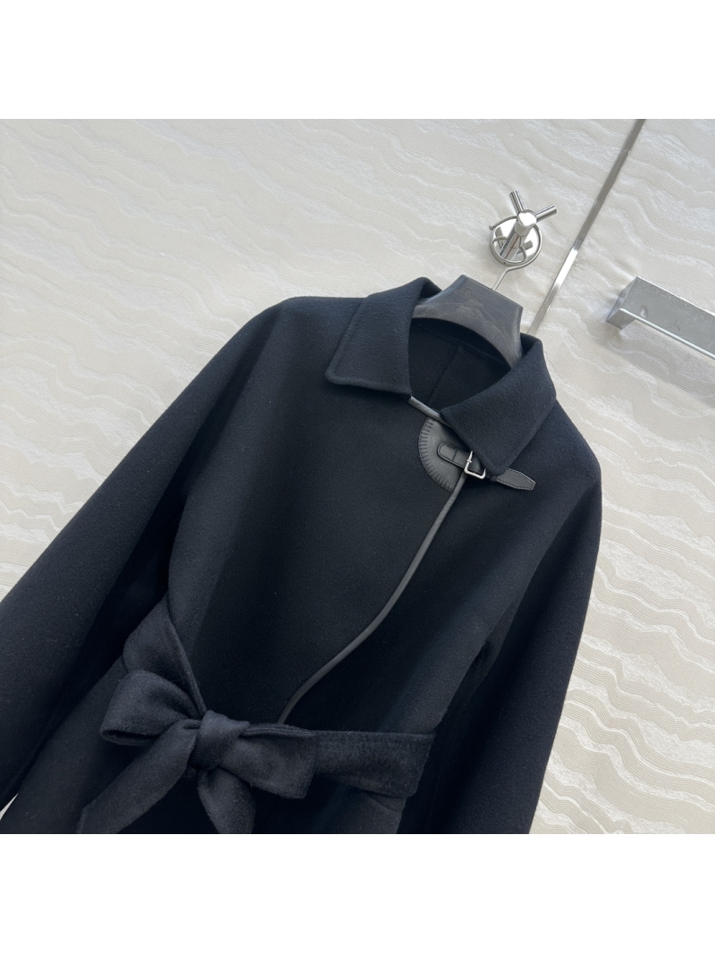 Hermès Exclusive Limited Edition Black Double-Faced Wool-Cashmere Coat with Leather Accents