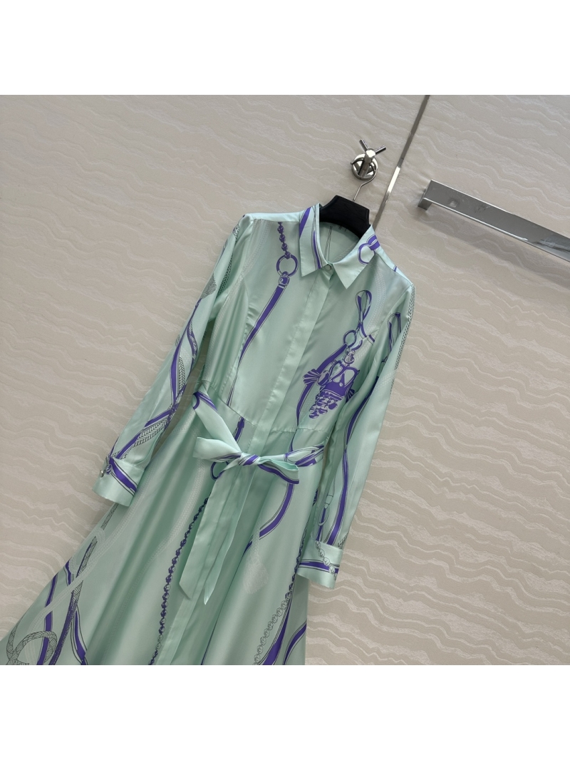 Hermes Mint Green Shirt Dress | Early Autumn 2025 | Silk-Like Equestrian Print | Tailored Waist & Full A-Line Skirt