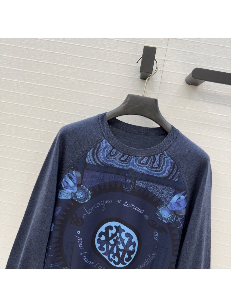 Hermes Pilot-Themed Cashmere-Blend Print Knit Sweater in Navy Blue
