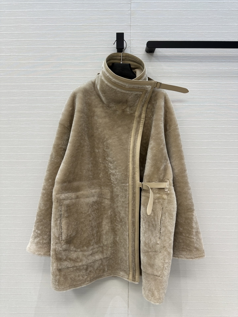 Hermès Minimalist Spanish Merino Shearling Coat - Oversized Belted Collar - Beige