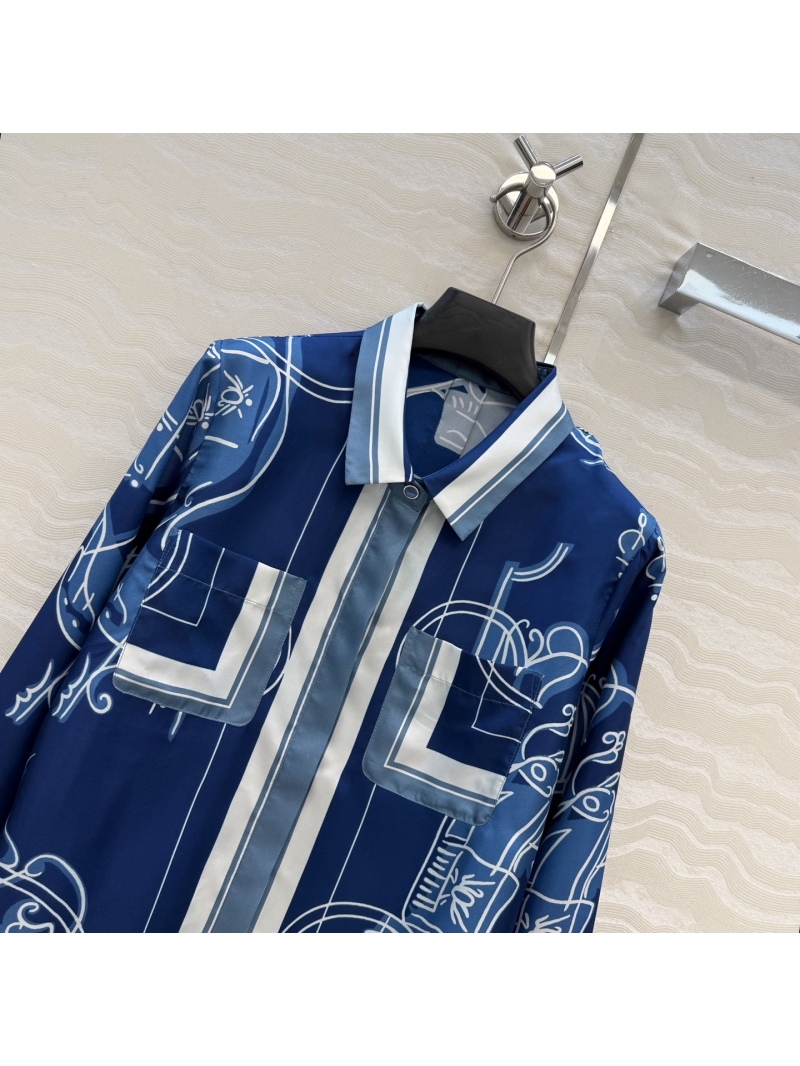 Hermès-Inspired 100% Silk Twill Shirt: Exquisite "Ex-Libris" Engineered Print Blouse, Royal Blue