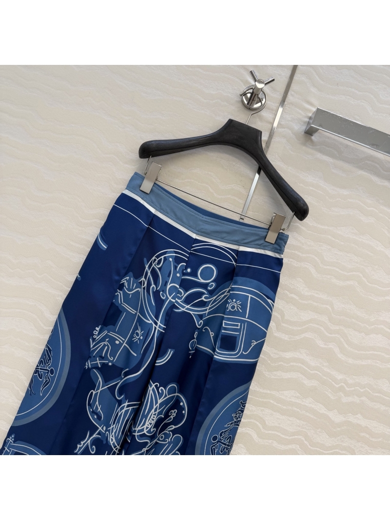 Hermès Opulent 100% Silk Twill Wide-Leg Trousers: Ex-Libris Signature Print, Deep Blue