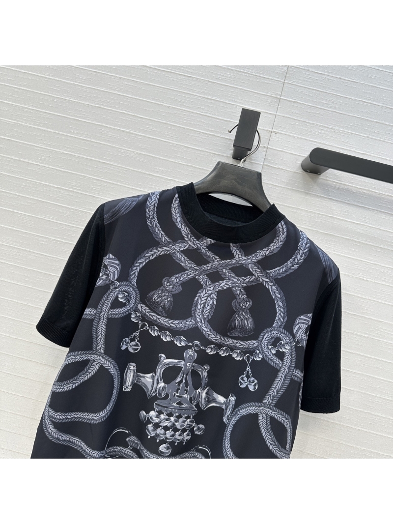 Hermes Sumptuous Silk and Wool Spliced Equestrian Print Knit Top in Black