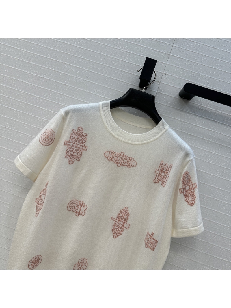 Hermès Exquisite Cashmere-Wool Iron Ornament Jacquard Short-Sleeved Knit Top