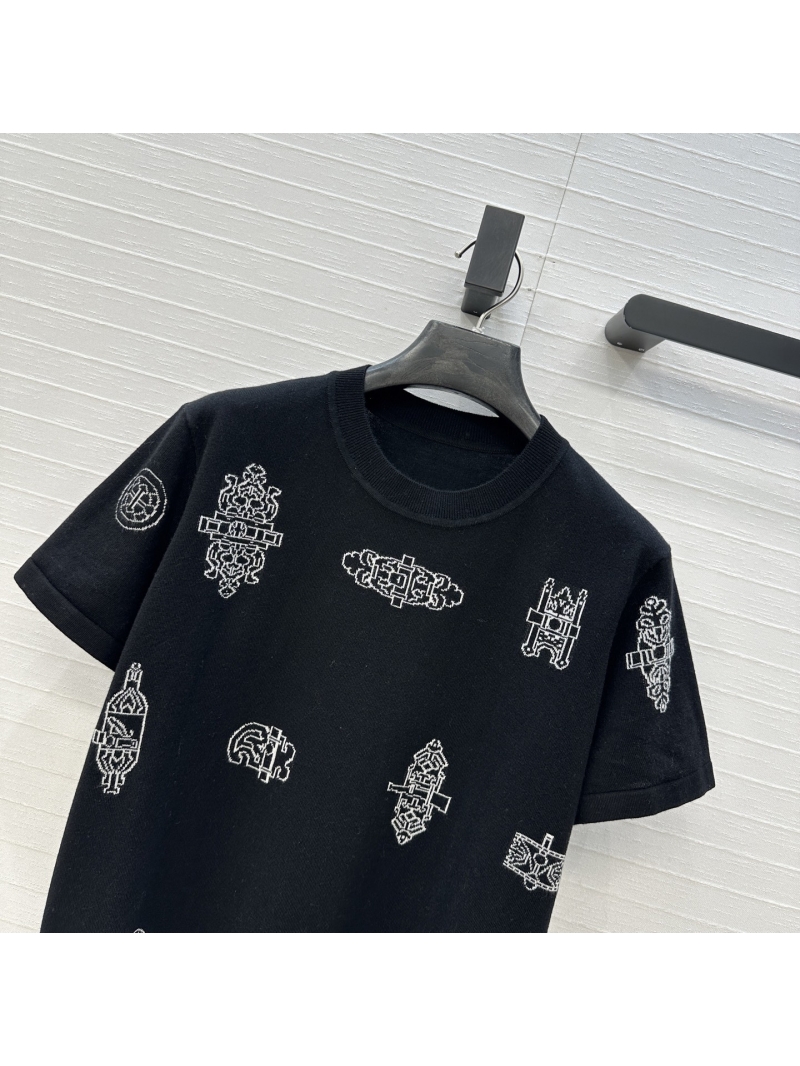 Hermès Cashmere-Wool Blend Iron Ornament Jacquard Short-Sleeve Knit Top in Black