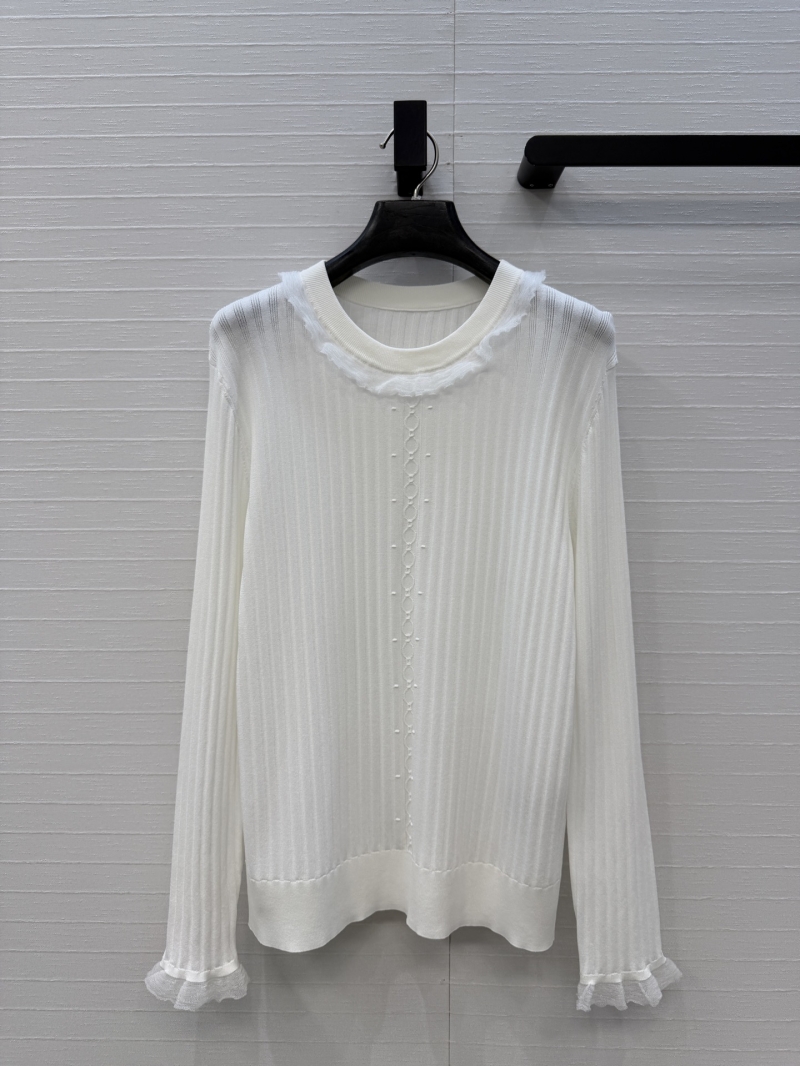 Hermes Ruffle-Trimmed Rib-Knit Vertical Chain-Link Top in Ivory