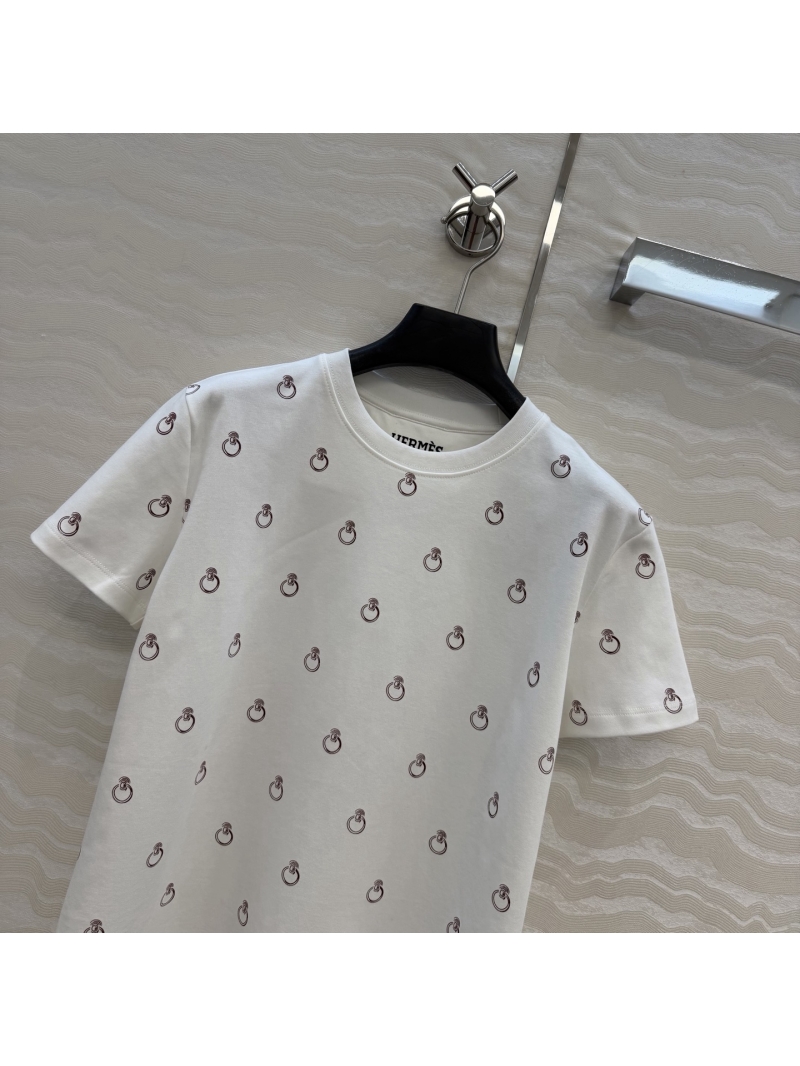 Hermès 100% Pure Cotton Anneau Finesse Print T-Shirt in White and Earthy Brown