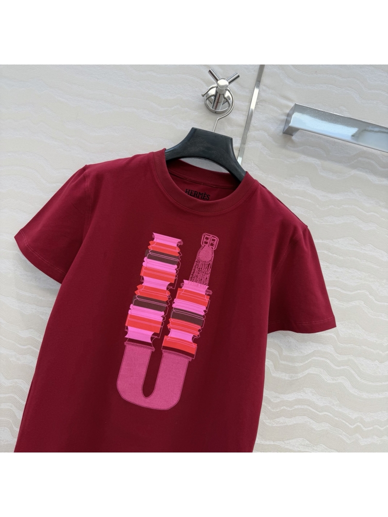 Hermès 100% Pure Cotton Brushed Texture Short-Sleeved T-Shirt in Burgundy