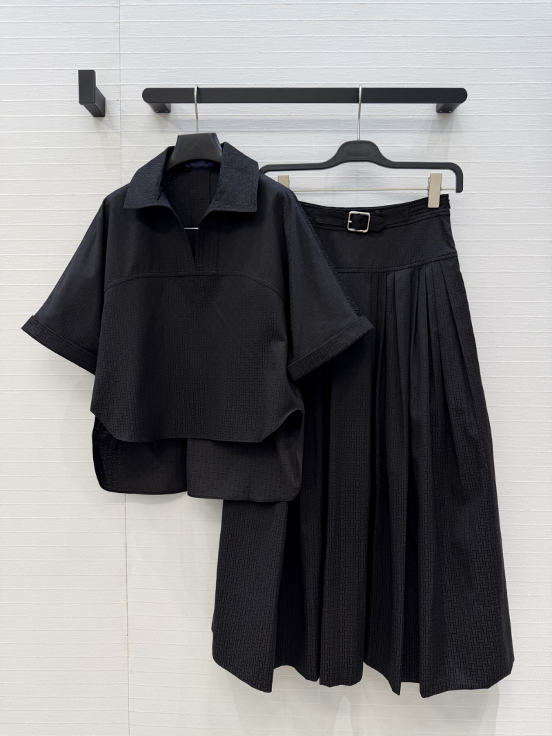 Hermès Pure Cotton Tonal Jacquard Old Money Shirt and Pleated Skirt Two-Piece Set