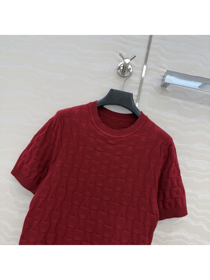 Hermès 100% Merino Wool Geometric Textured Short-Sleeved Knit Top - Deep Red