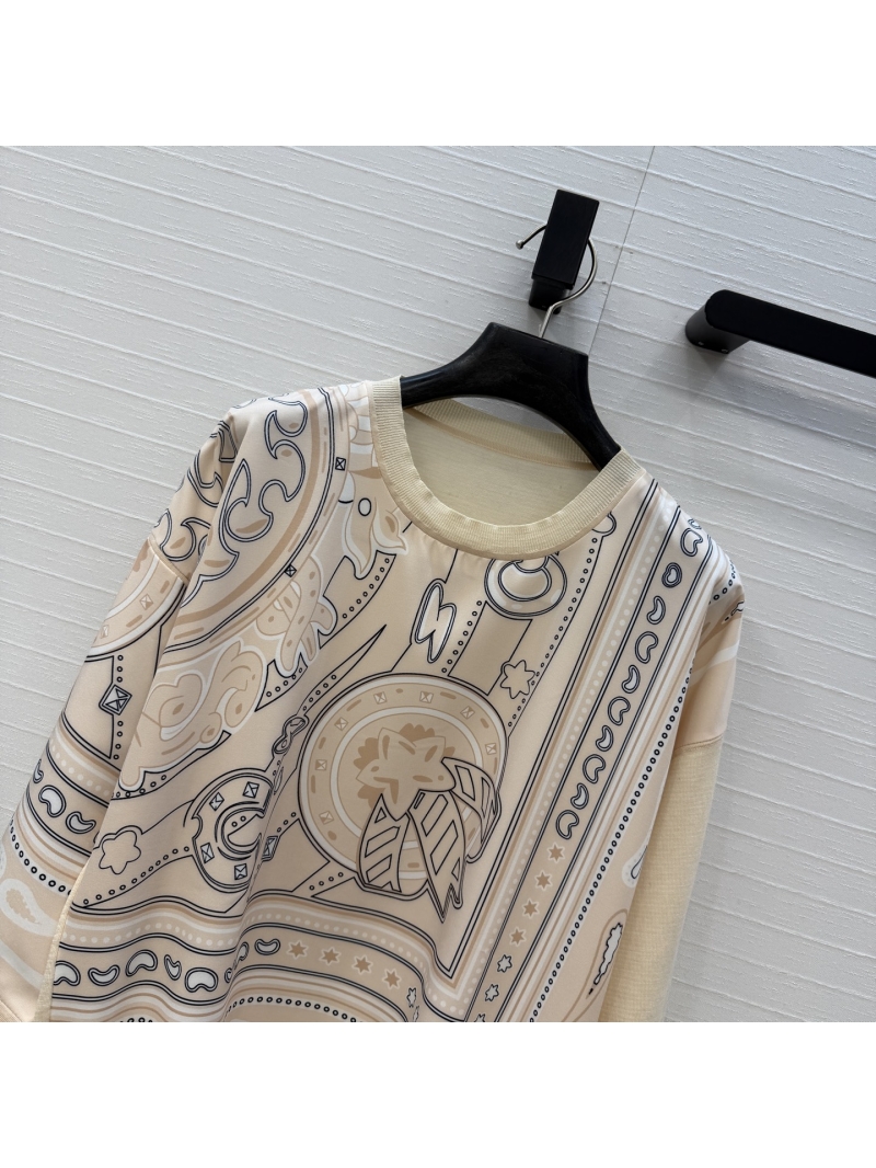 Hermes Tussah Silk and Wool Blend Abstract Scarf-Print Drawstring Knit Top