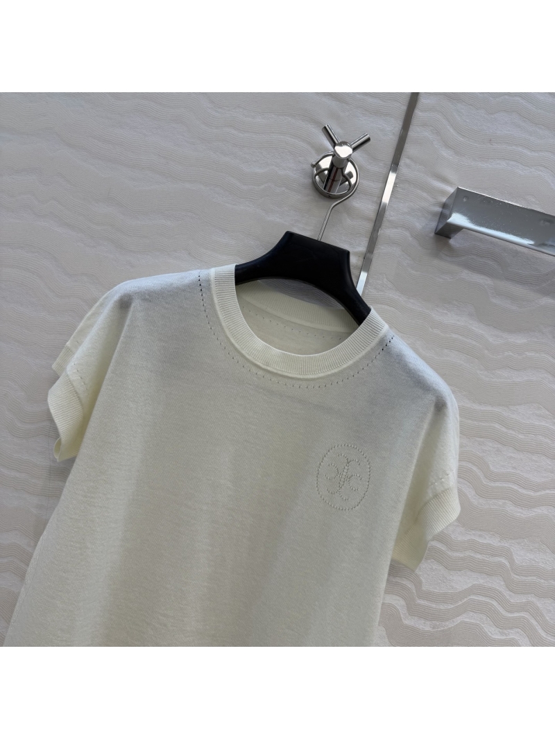 Hermès 16-Gauge Mercerized Wool 3D Jacquard Short-Sleeved Knit Top in Cream