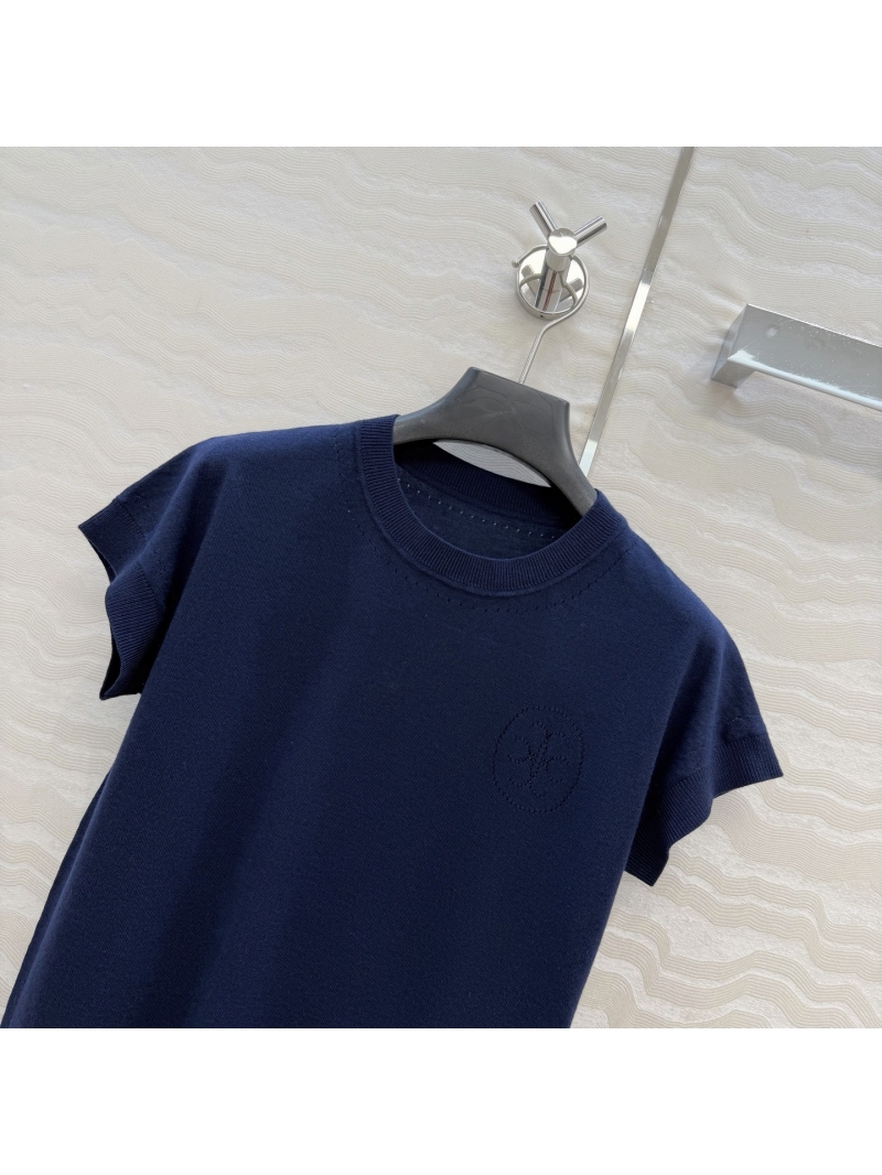 Hermès 16-Gauge Mercerized Wool Short-Sleeve Knit Top with 3D Jacquard Logo in Navy Blue
