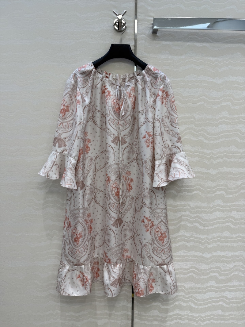 Hermes Pale Pink Floral Placement Print Silk Twill Dress