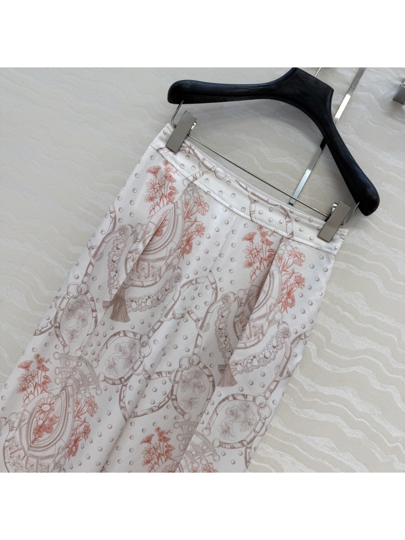 Hermes Pale Pink Floral Print Silk Twill Wide-Leg Trousers