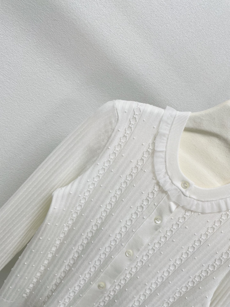 Hermes Ivory Ruffle-Trimmed Pointelle Knit Cardigan