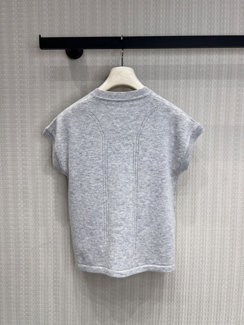 Hermes Soft Knit Cap-Sleeve Sweater with Signature Pointelle Detail in Light Heather Grey
