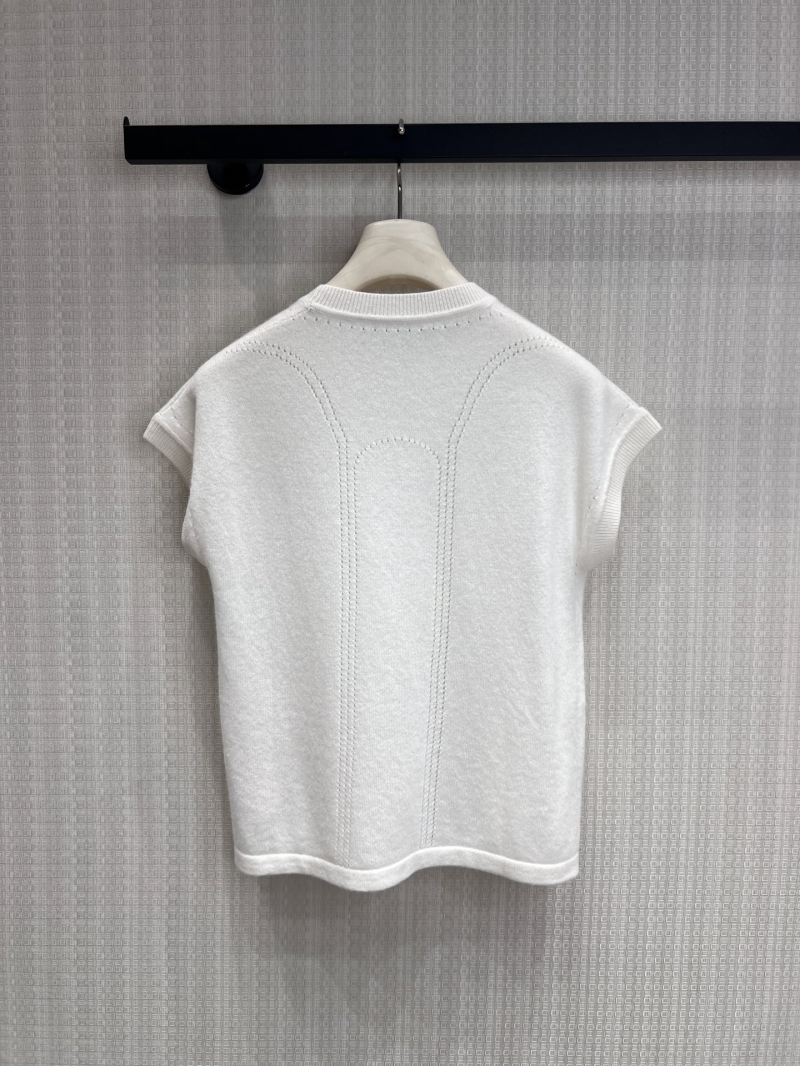 Herm&egrave;s Pointelle Signature Knit Cap-Sleeve Top in White