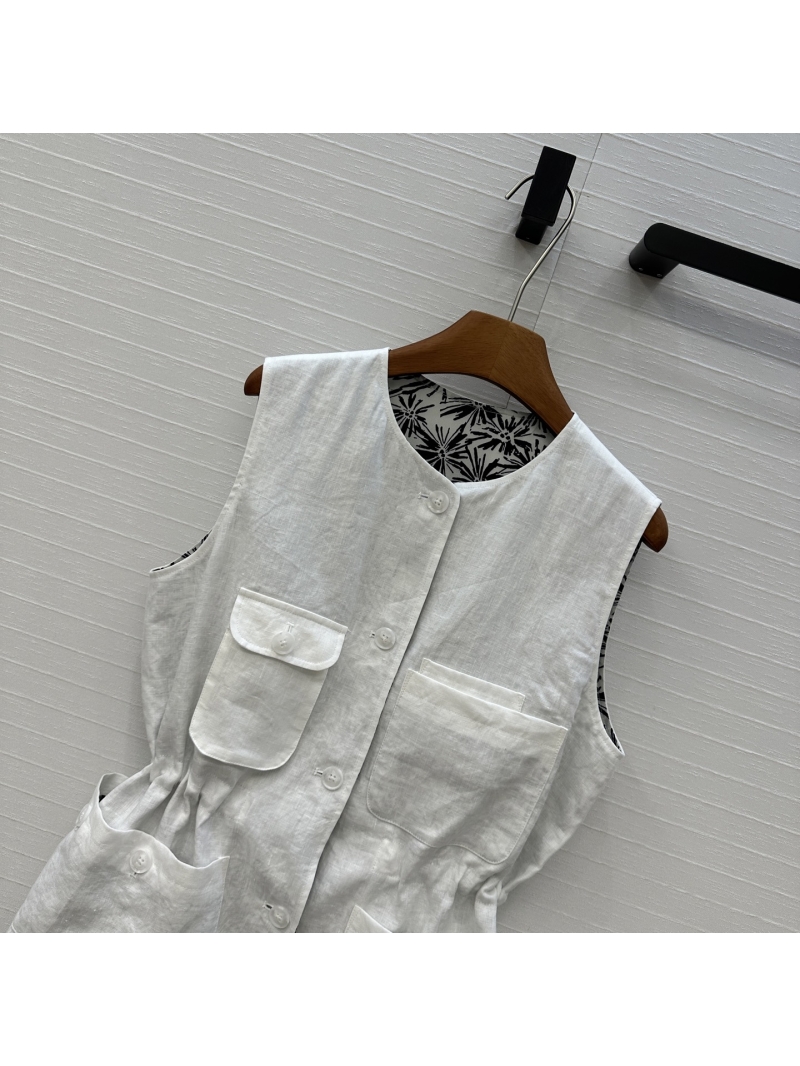 Loro Piana Luxe Linen Vest - White Commuter Style with Vintage Print