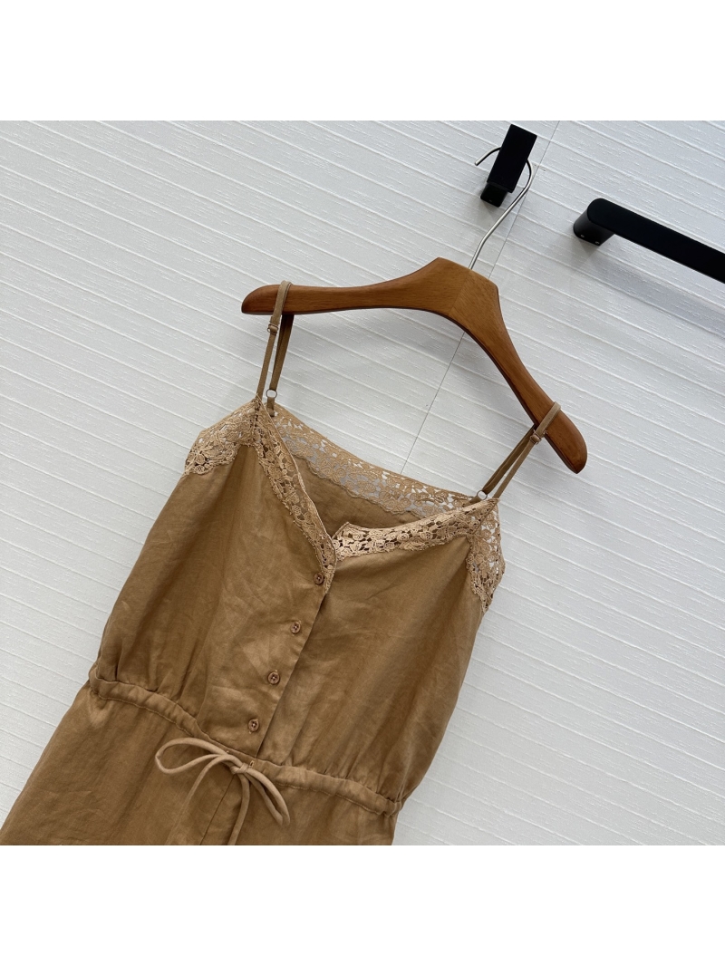 Loro Piana Lace-Trimmed Linen Romper in Caramel - Elegant & Slim-Fit