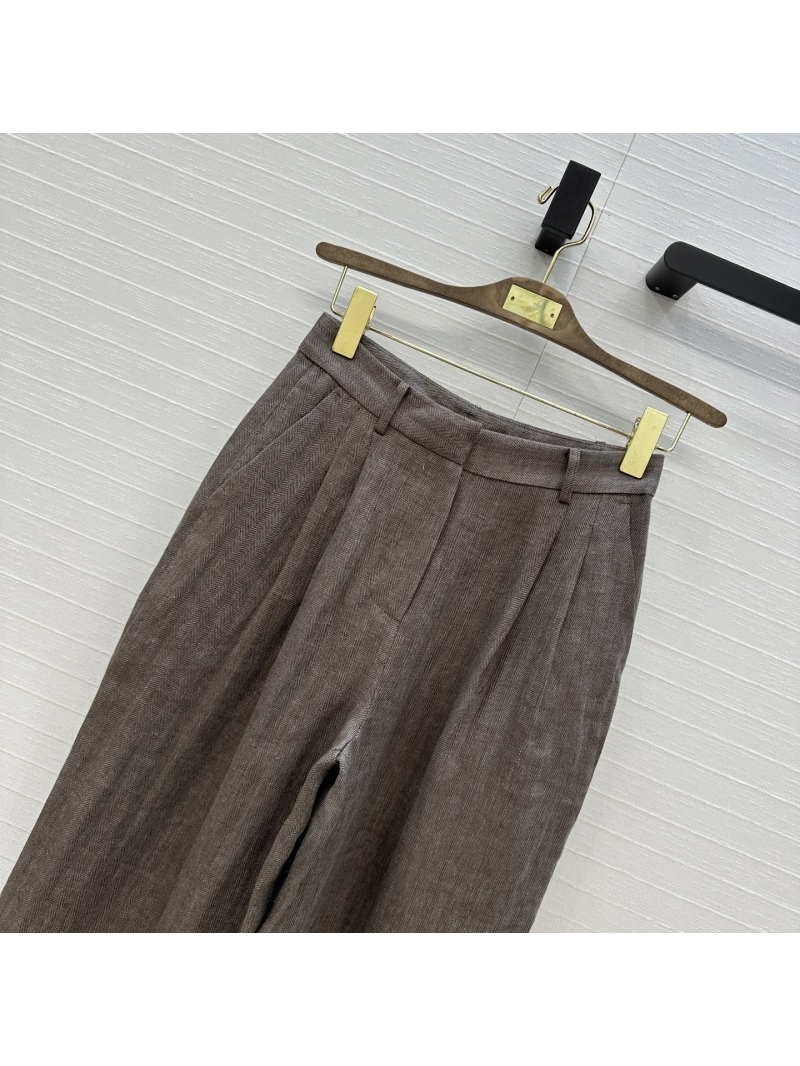 Loro Piana Autumn-Winter Herringbone Linen Straight Pants in Grey-Brown