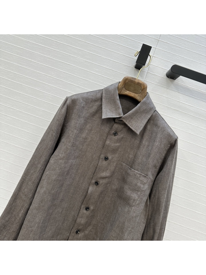 Loro Piana Autumn/Winter Collection: Luxe Retro Grey-Brown Herringbone Linen Shirt with Embroidered Patches