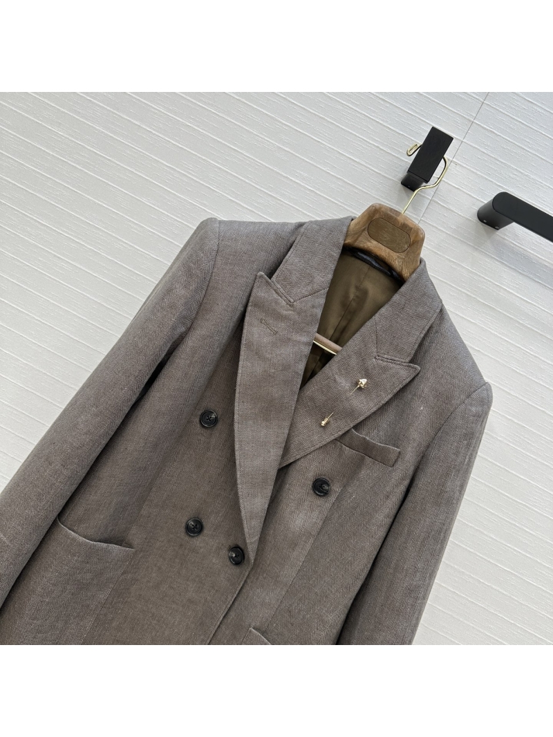 Loro Piana Luxe Double-Breasted Herringbone Linen Blazer in Grey-Brown