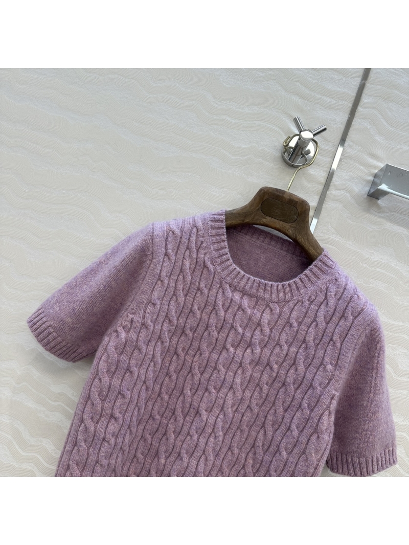 Loro Piana Exclusive Cashmere Cable-Knit Short-Sleeve Top in Lilac