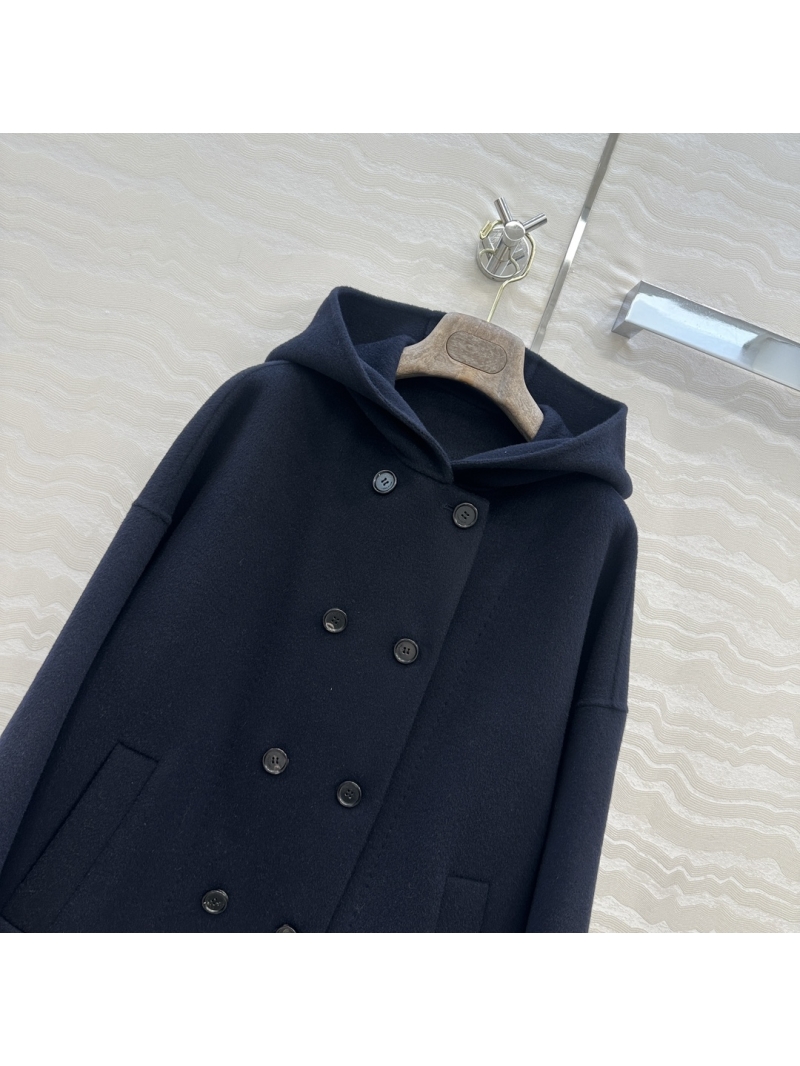 Loro Piana Luxe Double-Breasted Navy Blue Wool Blend Hooded Cape Coat