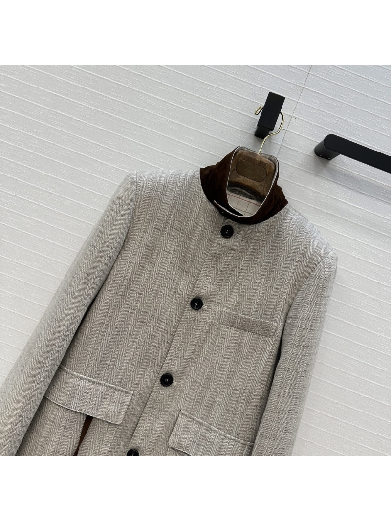 Loro Piana Jacket in Herringbone Linen with Velvet Collar
