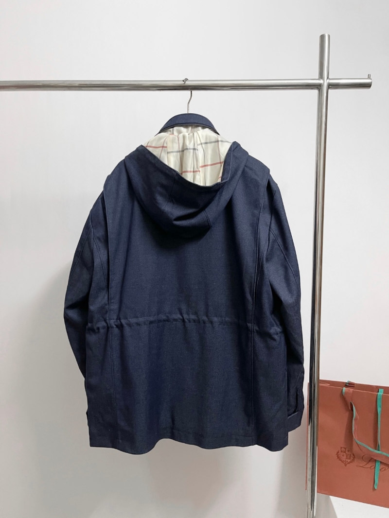 Loro Piana Men's Hooded Field Jacket in Midnight Navy - Classic Button-Front Design with Adjustable Hood and Utilitarian Pockets